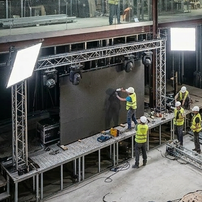 Multi-story building under construction with workers and scaffolding